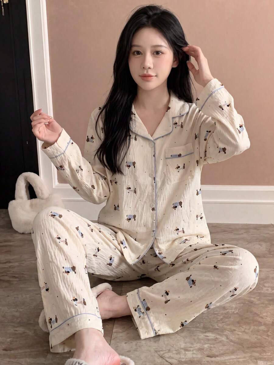 2pcs/Set Women's Cartoon Textured Lapel Loungewear, Autumn/Winter Button-Up Long Sleeve Long Pants Pajama Set, Suitable For Outdoor Wear, All Seasons - Apricot - View 1