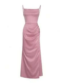 Minimal Satin Vacation Slip Midi Long Dress Graduation Commute Travel Vacation City Trip Leisure Brunch Wear - Pink - View 3