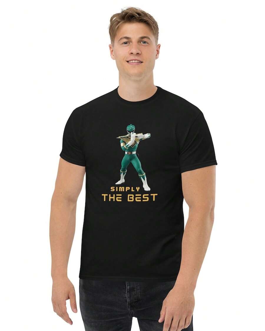 Green Power Ranger T-Shirt, Classic Original Ranger Character Printed Unisex Cotton Casual Fan Top - 黑色 - 查看 1