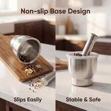 4PCS 304 Stainless Steel Mortar And Pestle Set  Garlic Masher Spice Grinder With Clear Splash Proof Lid Non Slip Base, For Home Kitchen Restaurant Outdoor Camping - Silver - View 6