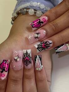 24pcs Halloween Press-On Fake Nails, Long Rectangular Full Coverage, Cute Pink Pumpkin, Shiny Rhinestone, Spider Web Design, Suitable For Halloween And Day Of The Dead, Includes Jelly Glue And Mini Nail File, Jelly Glue Randomly Shipped - Multicolor - View 4