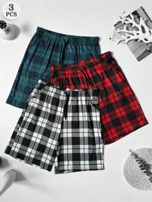 3pcs/Pack Men's Casual Plaid Pattern Lounge Pants With Side Pockets, Elastic Comfortable Drawstring Shorts, Wearable As Beach Pants And Sports Pants - Multicolor - View 2