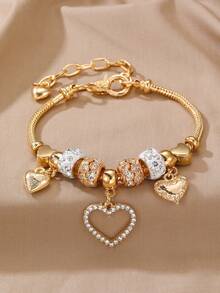 1 pieza Pulsera de niña con corazón dorado y cuentas de strass para decoración diaria - Multicolor - Ver 7