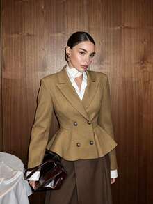 Women's Fashion Lapel Double-Button Blazer, Flared Hem, Short Woven Fabric, Suitable For Autumn And All Seasons - Khaki - View 8