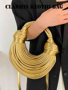 Ladies Luxury Shiny Gold Strap Design Crescent Handbag, Knotted Wrapped Handle Detachable Crossbody Strap For Formal Events Daily Styling - Gold - View 6