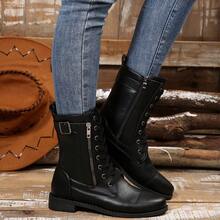 Women's Black Autumn/Winter Warm Fleece Lined Solid Color Basic Lace-Up Side Zipper Short Boots, Suitable For Autumn/Winter Outdoor Parties - Black - View 6