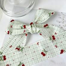 2 Yards Cherry Bow Print Light And Dark Plaid Mesh Ribbon, Floral Bouquet Decoration Satin Ribbon, Suitable For Handmade Bouquets, Gift Wrapping, Gift Ribbon, Floral Ribbon, Wedding Gifts, Crafts, Bows - 1PC Green - View 2