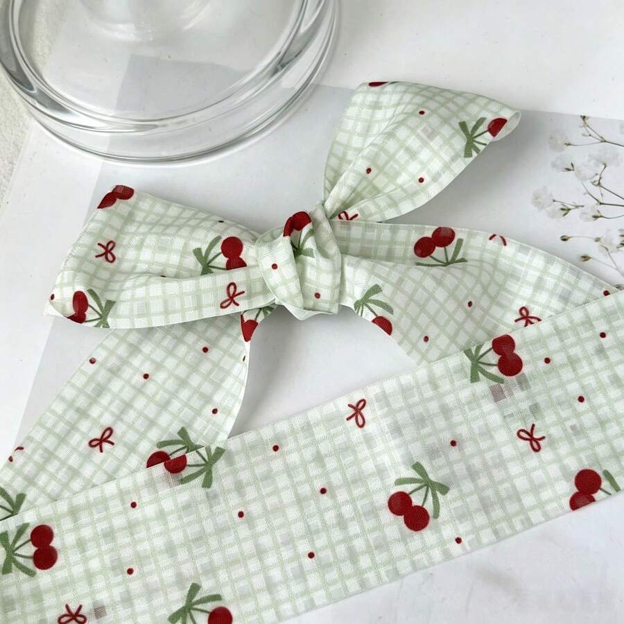 2 Yards Cherry Bow Print Light And Dark Plaid Mesh Ribbon, Floral Bouquet Decoration Satin Ribbon, Suitable For Handmade Bouquets, Gift Wrapping, Gift Ribbon, Floral Ribbon, Wedding Gifts, Crafts, Bows