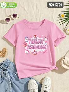 Girls Cotton Drop-Shoulder Short-Sleeved T-Shirt With A Dessert-Themed Cartoon Print, In A Fun, Cute And Sweet Style - Light Wine Red - View 1