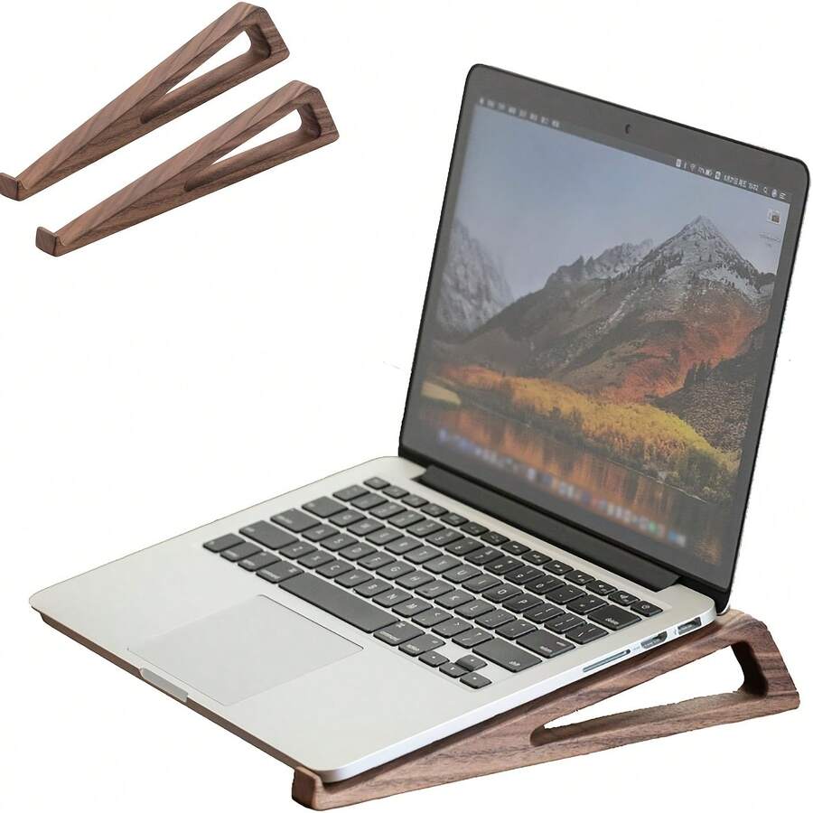 2pcs Ergonomic Bamboo Laptop Stand - Adjustable Height Portable Desktop Stand, Wide Base For Stable Support, Compatible With Books/Tablets/Laptops, Bamboo Material Office Desk Riser, Suitable For Office, Bedside And Travel, Durable A-Frame Structure - View 1