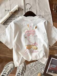Graphic Print Short Sleeve Crew Neck Tee For Ladies, Versatile Spring Summer Casual Outfit - 白色 - 查看 5