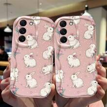 Creative White Rabbit & Flower Pattern Creamy Wavy Asymmetric Edge Protective Phone Case Compatible With Samsung A14/A15/A16/A17/A04/A05/A06/A07/A54/A55/A56/A57/A34/A35/A36/A37/S26/S26Plus/S26Ultra/Transsion SMART7/8/9/10/Honor 400/400Pro/200/200Pro/X7C/X8C/X9C/ 10C/13C - White - View 4