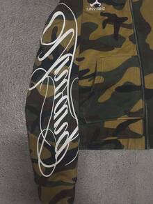 Men Fashion Street Camo Letter Print Zip Up Hoodie, Hip Hop Edgy Unique Loose Casual Long Sleeve Hooded Cardigan Jacket - Army Green - View 3