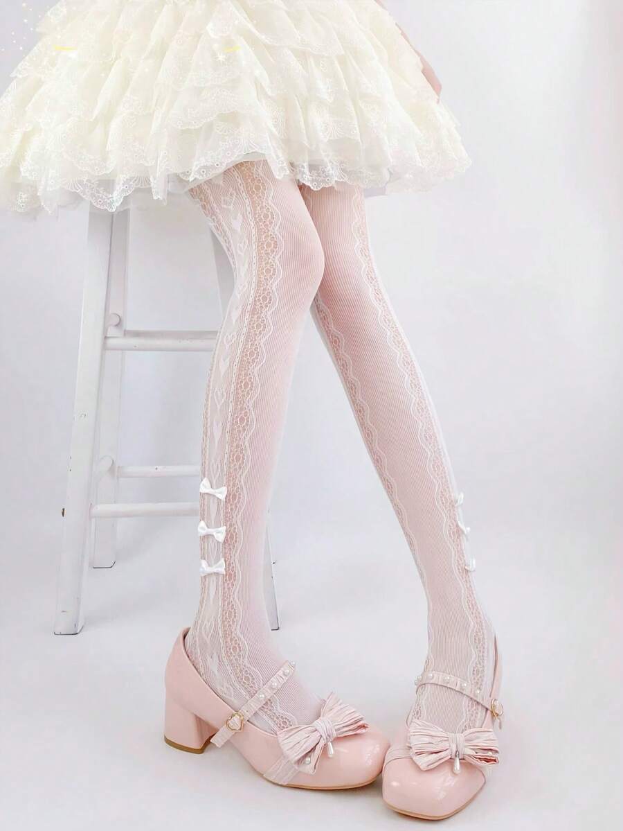 STAR RIVER 1 Pair Lolita Lace Heart Pattern Fishnet Tights, Sweet Minimalist Sexy Cute Bowknot Pantyhose, Versatile For Daily Wear