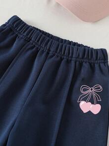Young Girl Cherry Print Zip-Up Half-Placket Long Sleeve Sweatshirt And Pants Casual Set - Royal Blue - View 6