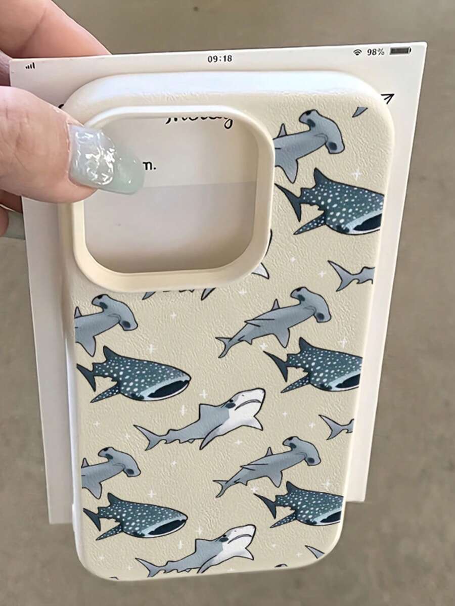1件裝 卡通全螢幕鯊魚美學圖案 荔枝紋理 啞光全包覆防摔 TPU 時尚手機殼，適用於 Apple 17 16 15 14 13 12 11 Pro Max A56/55/54/53/52/51 S25/24/23/22/21 系列，防震保護殼