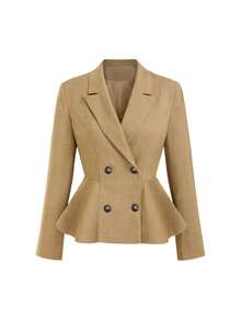 Women's Fashion Lapel Double-Button Blazer, Flared Hem, Short Woven Fabric, Suitable For Autumn And All Seasons - Khaki - View 6
