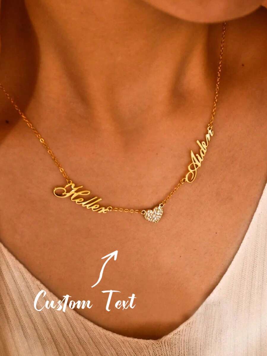 Kalung Liontin Hati Berongga dengan Nama Kustom, Rantai Baja Tahan Karat, Perhiasan Personalisasi, Kalung Liontin Nama Buatan Tangan untuk Pria, Hadiah untuk Sahabat Terbaik Wanita - Dua nama + hati - View 1