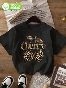 Plus-Size Women's Casual Cotton T-Shirt,Featuringaround Neck Design,Loose Short Sleeves,And Leopard Print,Cherry,And Letter Patterns.Simple And Casual - Black - View 1