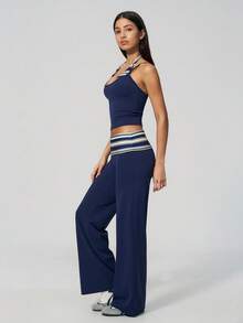 MASKERT Ladies' contrasting color back vest sports pants set yoga training running set tennis golf Pilates - 藏蓝色 - 查看 7