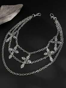 1pc Gothic Style Multi-Layer Stacked Cross Tassel Pendant Geometric Chain Body Chain Pant Chain, Vintage Hip Hop, Holiday Party, Casual Daily, Street Photography, Men's Couple Birthday Banquet Versatile Charming Jewelry Pant Chain Gift - Silver - View 2