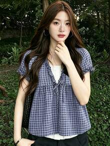Blus Lengan Pendek 2 in 1 Gaya Jepang untuk Wanita, Musim Panas, Blus Kotak-kotak dengan Hiasan Renda, Melangsingkan, Atasan Gaya Preppy - Royal Blue - View 4