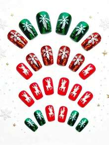 24 Peças de Unhas Postiças Curtas Brilhantes com Padrão de Floco de Neve de Natal, Adesivos de Unha de Rena, Removíveis e Reutilizáveis, Unhas Postiças Multicoloridas para Viagem, Festa, Eventos e Feriados - Vermelho - Visão 3