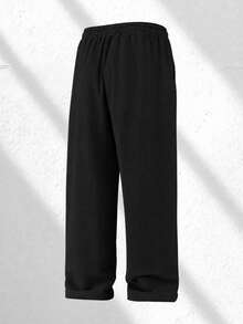 Men's Loose Fit Drawstring Waist Bucket Style Casual Sports Pants, Autumn - Black - View 2