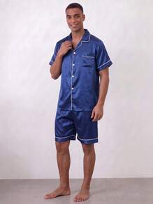 Snug League Conjunto de pijama de satén para hombre de 2 piezas, incluye pantalones cortos, chaqueta de dormir de seda, top cárdigan de manga corta con botones - Azul - Ver 8