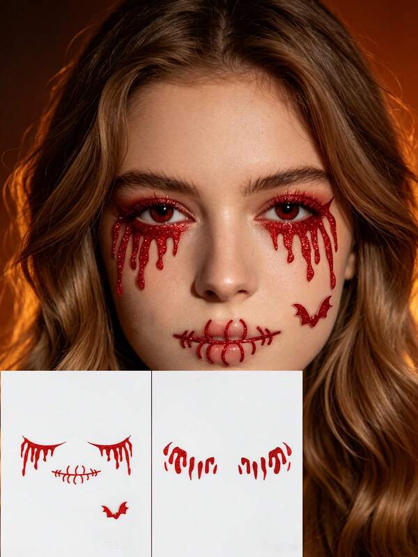 2pcs Gothic Style Glitter Halloween Face Stickers, Stitched Line + Blood Drop Self-Adhesive Face Decals, Suitable For Halloween Makeup, Dark Style Party, Cosplay, Gothic Look