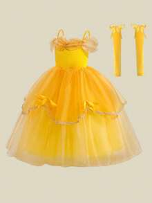 Tween Girls Yellow Spaghetti Strap Organza Elegant Evening Dress Suitable For Prom And Party, Headband Not Included - Yellow - View 5