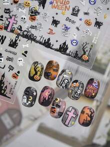 1pc 5D Embossed Nail Art Sticker, Cute Halloween Cartoon Nail Decal, Self-Adhesive Nail Sticker, Includes Pumpkin, Ghost, Mummy And Witch Hat Spooky Party Theme - Multicolor - View 6
