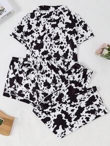 3pcs/Set Women's Knit Cow Print Open Front Pajama Set, Wearable Loungewear - White - View 2