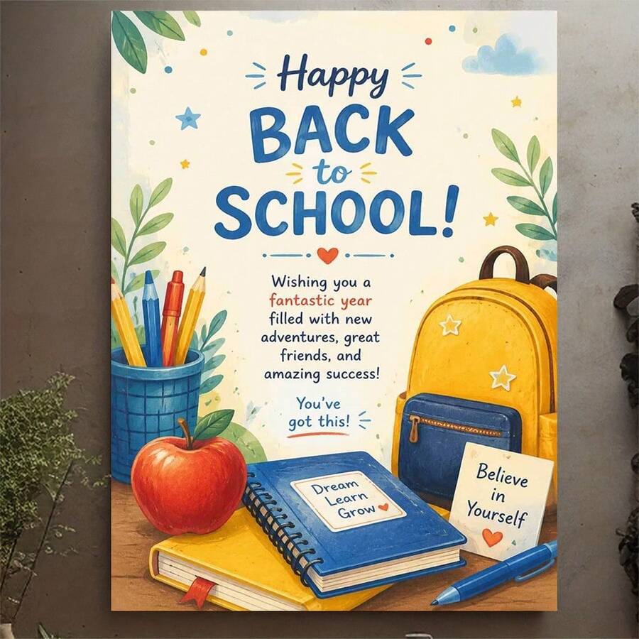 1pc Frameless Canvas Wall Art - Fresh Style School Supplies Back To School Canvas Painting, Featuring Yellow Backpack, Notebook, Red Apple And Pen Holder, Printed With "Happy BACK To SCHOOL!" And "Believe In Yourself" Inspirational Text, Suitable For Teachers And Students, School Dorm Decoration, Classroom Learning Supplies Decoration, University Dorm Decoration - A - View 1
