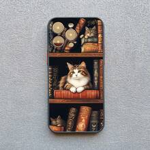 Vintage Bookcase Kitten Painted Phone Case For IPhone 17 16 15 14 Pro Max Plus 13 Mini 12 11 Pro Max XS X XR 16 Plus Back Cover - 黑色 SJM 5 - 查看 9