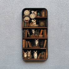 Vintage Bookcase Kitten Painted Phone Case For IPhone 17 16 15 14 Pro Max Plus 13 Mini 12 11 Pro Max XS X XR 16 Plus Back Cover - 黑色 SJM 4 - 查看 11