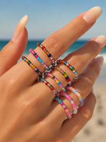 10 piezas/20 piezas/25 piezas/30 piezas/Set Anillos de mujer estilo bohemio con cuentas de colores para uso diario y vacaciones (Color de las cuentas aleatorio) - Multicolor - Ver 4