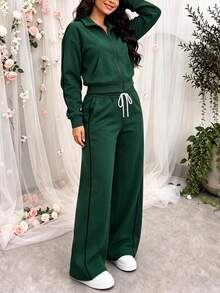 Falloutfits Effortlesschic Lounge Sets For Women 2 Pieces Outfits Sweatshirt Wide Leg Pants Matching Set Sweatsuits Fallfashion - Dark Green - View 6
