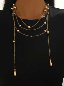 1 pièce Collier long minimaliste et élégant avec décoration de perles rondes et pendentif en forme de goutte d'eau, chaîne de taille, convient pour le port quotidien, les fêtes, les cadeaux de vacances - Or jaune - Voir 4