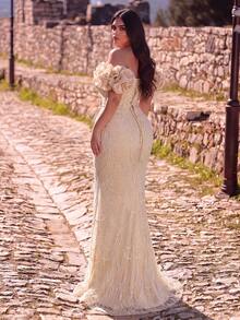 Women's Elegant Plus Size Sequin Off-Shoulder Maxi Mermaid Dress With Cold Shoulder Sleeves Perfect For Formal Evening Events - Apricot - View 2