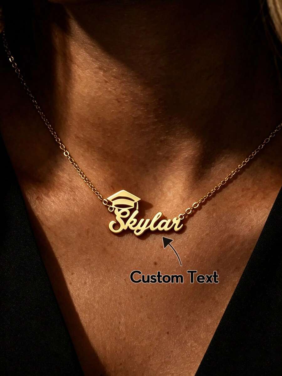 Personalized Graduation Cap Name Necklace, Stainless Steel Delicate Collarbone Chain - Multicolor - View 1