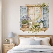 Vintage Blue Window Wall Sticker, Lavender Hydrangea Ivy Flower Faux Window Decal, Rustic Farmhouse Cottage Wall Art For Bedroom, Living Room & Dining Room Decor - HG04 - View 5