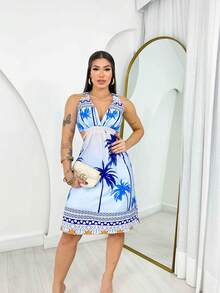 Vestido em duna de amarrar nas costas Paraíso - AZUL - Azul - Visão 1