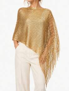 1pc Bohemian Metallic Knit Fringe Shawl, Shiny Lightweight Mesh Fringe Party Evening Cape - Gold - View 3