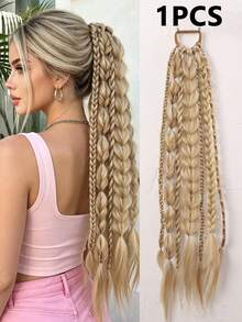 24 Inch Long Brown Mixed-Color Synthetic Curly Braided Ponytail Wig For Women, Including Flipped Braids, Plaits, Fishtail Braids, And Elastic Hair Ties. Suitable For Everyday Wear, Braided Extensions, And Voluminous Hairstyle Accessories., Halloween - Multicolor - View 3