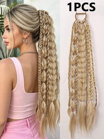 24 Inch Long Brown Mixed-Color Synthetic Curly Braided Ponytail Wig For Women, Including Flipped Braids, Plaits, Fishtail Braids, And Elastic Hair Ties. Suitable For Everyday Wear, Braided Extensions, And Voluminous Hairstyle Accessories., Halloween