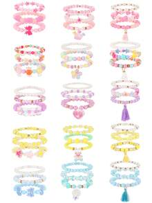 3pcs/Set Girls Colorful Beaded Bracelets, Cartoon Pendant Bow Tassel Bracelet Set, Suitable For Daily Decoration And Gift Giving - Multicolor - View 1