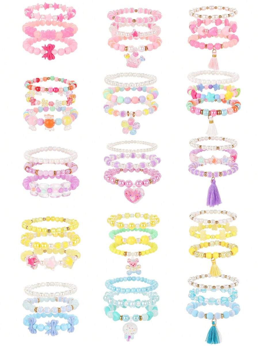 3pcs/Set Girls Colorful Beaded Bracelets, Cartoon Pendant Bow Tassel Bracelet Set, Suitable For Daily Decoration And Gift Giving - Multicolor - View 1
