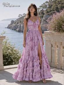 Purple Floral Chiffon V-Neck Backless Tiered A-Line Maxi Dress - 紫色 - 查看 4
