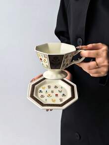 1套法国复古花卉藤蔓陶瓷咖啡杯碟，家用水/下午茶杯碟，节日礼物杯碟 - 彩色 - 查看 12